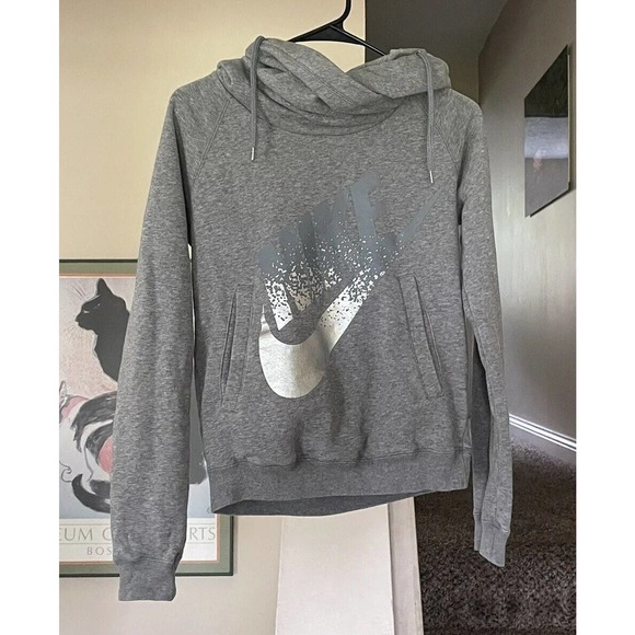 Nike Tops - NIKE Red Tag Women’s XS Cowl Neck Hoodie Sweatshirt Gray Silver Logo